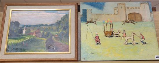 Paul Ayshford Lord Methuen (1886-1974) oil on canvas, Tidworth Tattoo, 1948, 40 x 50cm, unframed and an oil on board, Village view